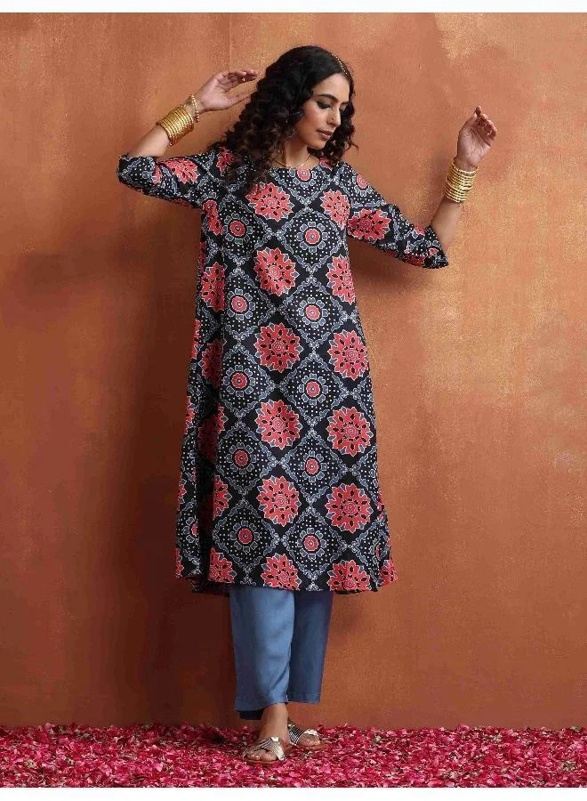 trueBrowns Black Ajrak Print A-line Kurta Set
