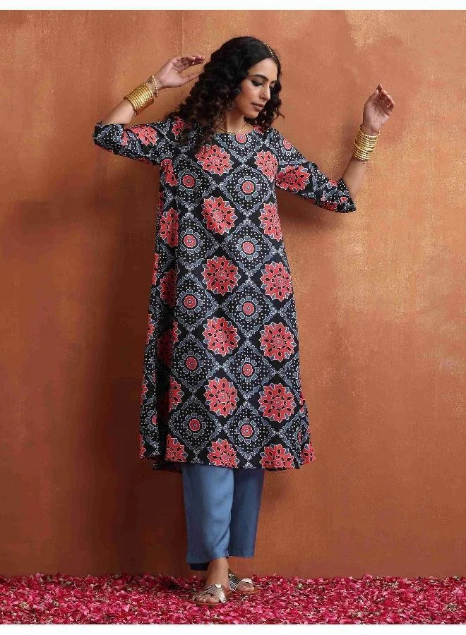 trueBrowns Black Ajrak Print A-line Kurta Set