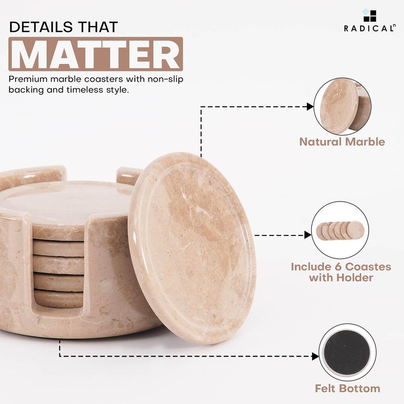 RADICALn Premium Set of 6 Verona Marble Coasters 3.5 Inch Round with Holder – Elegant Natural Stone Drink Coasters for Coffee & Dining Table, Luxury Home Decor - Image 5