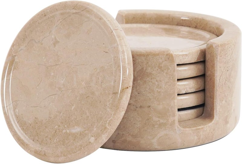 RADICALn Premium Set of 6 Verona Marble Coasters 3.5 Inch Round with Holder – Elegant Natural Stone Drink Coasters for Coffee & Dining Table, Luxury Home Decor - Image 1