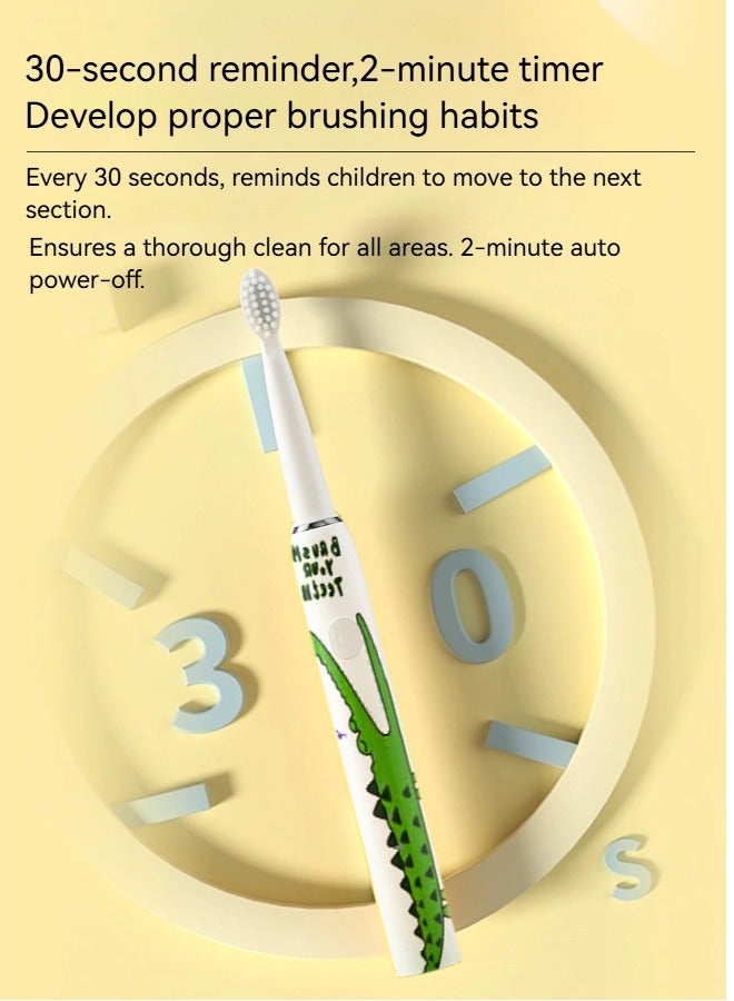 Gift for Kids Crocodile pattern children's electric toothbrush, 30-second reminder, 2-minute timer, IPX7 water resistance, 3 tooth protection modes, 90-day battery life - Image 2