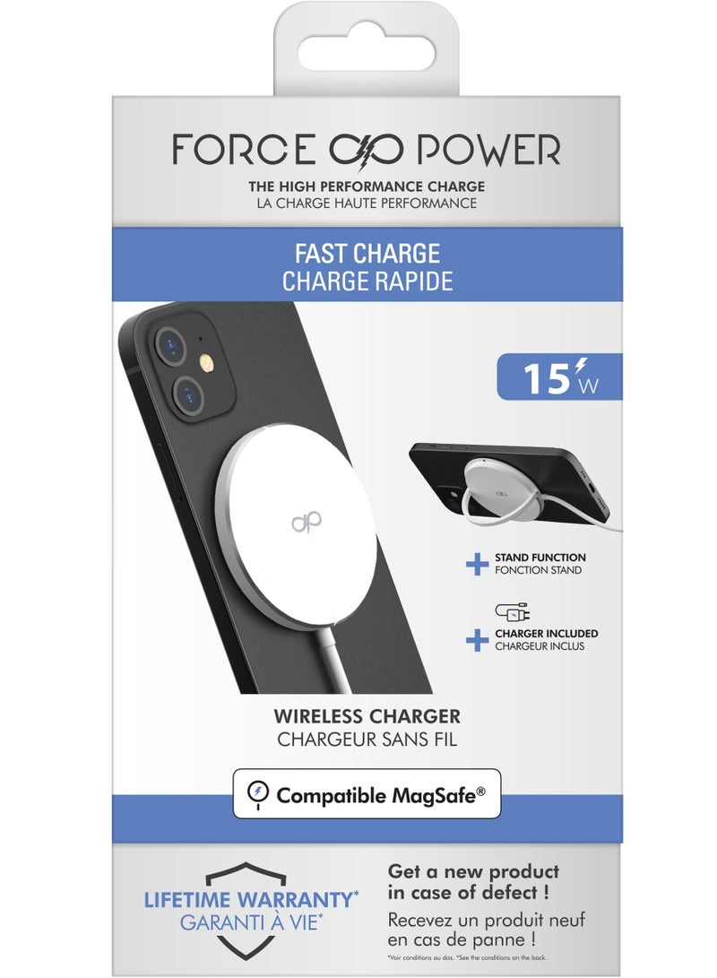 FORCE Force Power 15W MagSafe Compatible Wireless Charger Stand Function Lifetime Warranty White With Charger - Image 1