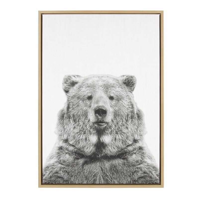 Kate and Laurel Sylvie Bear Animal Print Black and White Portrait Framed Canvas Wall Art by Simon Te Tai, 23x33 Natural - Image 1