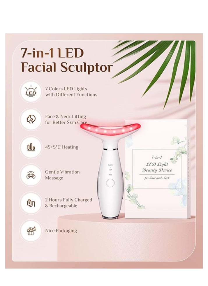 Generic Facial Massager, 7 Color Red Light Therapy for Face and Neck for Wrinkles, Double Chin, Vibrating Facial Massager with Thermals White  - Image 3