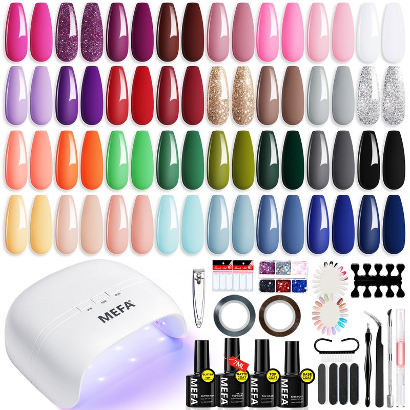 MEFA 60 Pcs Gel Nail Polish Kit with U V Light, 32 Colors Popular Soak Off Nude Pink Red Gel Polish Nail Set with Matte/Glossy Gel Top Base Coat Manicure Tools Nail Art Decorations DIY Salon - Image 1