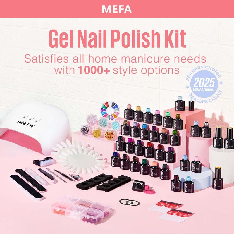 MEFA 60 Pcs Gel Nail Polish Kit with U V Light, 32 Colors Popular Soak Off Nude Pink Red Gel Polish Nail Set with Matte/Glossy Gel Top Base Coat Manicure Tools Nail Art Decorations DIY Salon - Image 5