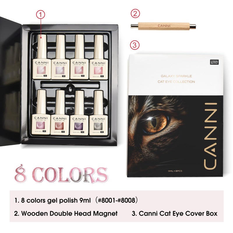 CANNI 8 Pcs 9 ML Cat Eye Gel Nail Polish Set, Jelly Pink Red Purple Glitter Holographic Cat Eye Gel Polish Kit with Magnet Shimmer Colors Soak Off Led Manicure Salon DIY Gifts - Image 4