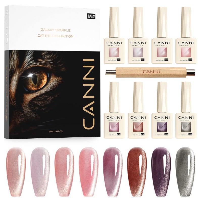 CANNI 8 Pcs 9 ML Cat Eye Gel Nail Polish Set, Jelly Pink Red Purple Glitter Holographic Cat Eye Gel Polish Kit with Magnet Shimmer Colors Soak Off Led Manicure Salon DIY Gifts - Image 1