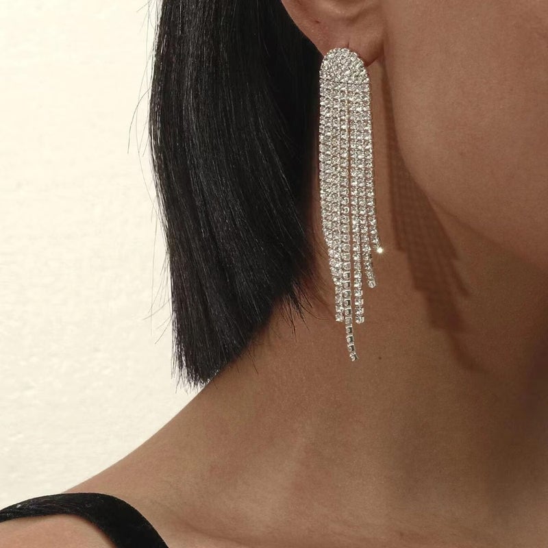 PINCHUAN Silver Prom Earrings for Women Rhinestone Tassel Earrings Sparkly Long Crystal Cz Drop earring Wedding Party Prom Earring Bow Rhinestone Party Jewelry Gifts for Women-silver - Image 5