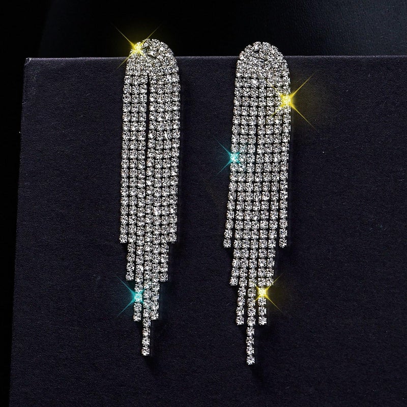 PINCHUAN Silver Prom Earrings for Women Rhinestone Tassel Earrings Sparkly Long Crystal Cz Drop earring Wedding Party Prom Earring Bow Rhinestone Party Jewelry Gifts for Women-silver - Image 4