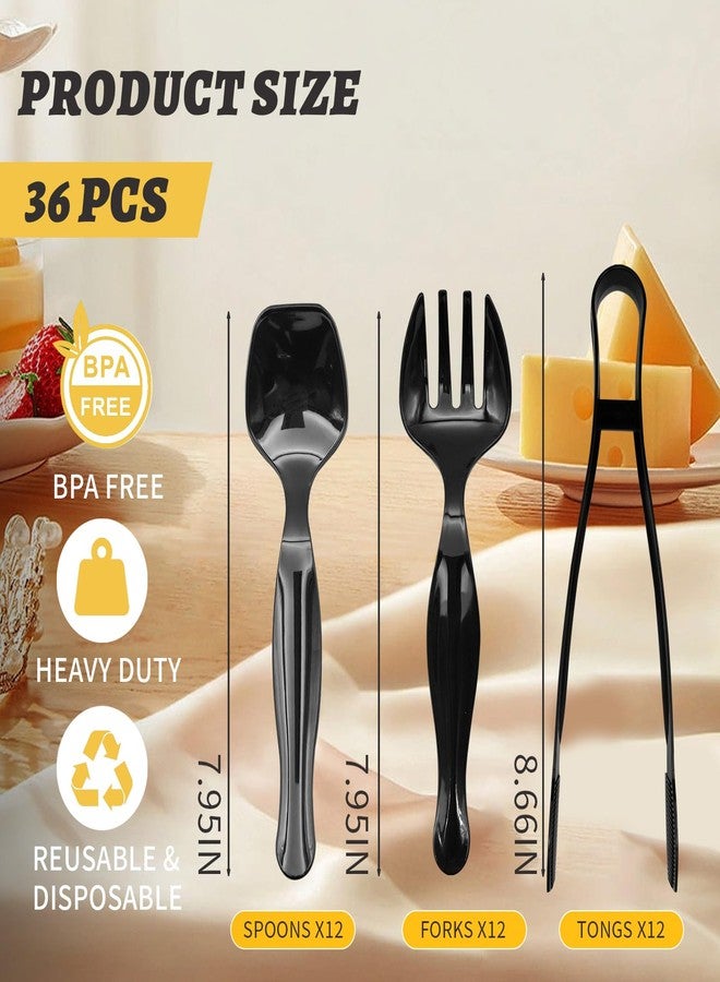 Thrseely 36PCS 9'' Plastic Serving Utensils Set Large Disposable Serving Spoons Forks Tongs for Serving Food Heavy Duty Black Large Party Utensils Supplies for Buffet Restaurant Dinner Salad Noodles Soup - Image 2