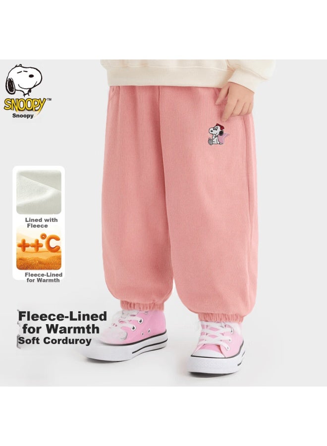 Snoopy Kids Autumn Winter Fleece-lined Corduroy Pants Fashionable Warm Comfortable Boys Girls Pink Sweetheart 140 - Image 1