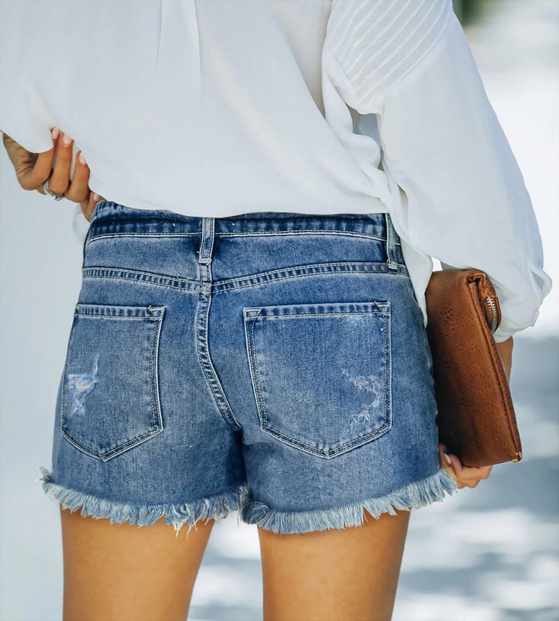 ZOLUCKY Women High Rise Ripped Stretchy Jeans Shorts with Pocket Cut Off Casual Denim Shorts Womens Blue L - Image 4