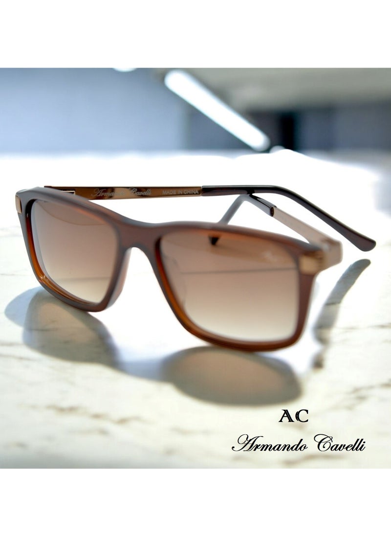 Armando Cavelli - Authentic Armando Cavelli sunglasses, crafted from carefully selected premium acetate for a luxurious look and longevity with extensive use. This model combines modernity and classic style, with a raw brown acetate front and brown -plated metal temples to complete your luxury look. Comes with premium polymer lenses offer UV400 protection in a gradient brown. - Image 1