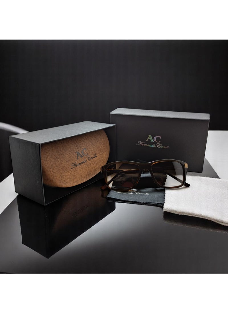 Armando Cavelli - Authentic Armando Cavelli sunglasses, crafted from carefully selected premium acetate for a luxurious look and longevity with extensive use. This model combines modernity and classic style, with a raw brown acetate front and brown -plated metal temples to complete your luxury look. Comes with premium polymer lenses offer UV400 protection in a gradient brown. - Image 1