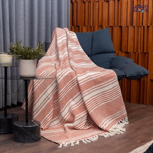 Urban Space Handmade Pure Cotton Sofa Throw Blanket, Soft Decorative Throw for Living Room, Sofa, Chair and Couch, Reversible and Breathable Throw with Tassels (Size- 125 cm x 150 cm, Boho Red&White) - Image 3