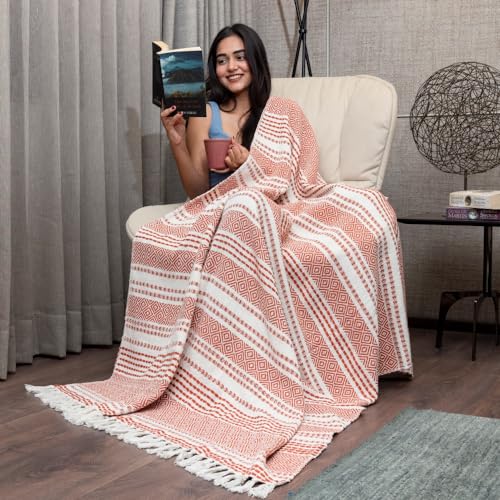 Urban Space Handmade Pure Cotton Sofa Throw Blanket, Soft Decorative Throw for Living Room, Sofa, Chair and Couch, Reversible and Breathable Throw with Tassels (Size- 125 cm x 150 cm, Boho Red&White) - Image 1