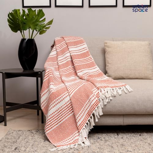 Urban Space Handmade Pure Cotton Sofa Throw Blanket, Soft Decorative Throw for Living Room, Sofa, Chair and Couch, Reversible and Breathable Throw with Tassels (Size- 125 cm x 150 cm, Boho Red&White) - Image 2