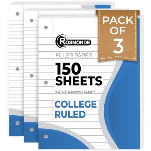 Rosmonde Loose Leaf Paper, 450 Sheets, 3 Pack, College Ruled Paper, 8" x 10.5", Bulk Office Filler Paper, 3 Hole Punched, 150 Sheets/Pack, 56 gsm Paper, College Ruled Notebook Paper for Binder, White - Image 1