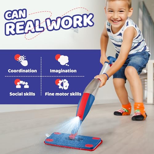 AGRASIV Kids Spray Mop Real with Sprayer 2PCS Mop Pads Toddler Cleaning Tool Real Works for Realistic Housekeeping Cleaner Pretend Play Toys Montessori Mini Mop Sweeper for Kids Aged 3 - Image 5