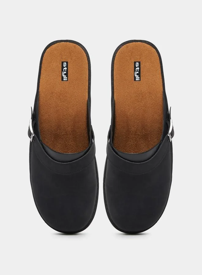 Styli Styli Faux Leather Slip On Clogs with Buckle Detail
