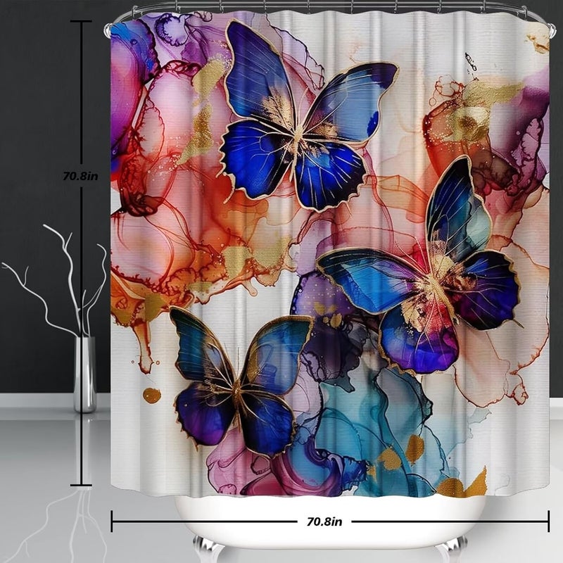 Pretyw 4 Pcs Romantic Blue Butterfly Shower Curtain Set Watercolor Pink Flowers Bathroom Sets Modern Home Bathroom Decor with Rugs and Toilet Lid Cover - Image 3