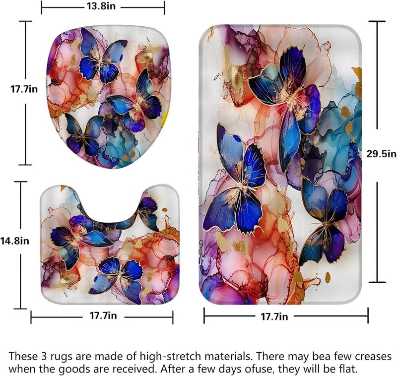 Pretyw 4 Pcs Romantic Blue Butterfly Shower Curtain Set Watercolor Pink Flowers Bathroom Sets Modern Home Bathroom Decor with Rugs and Toilet Lid Cover - Image 4