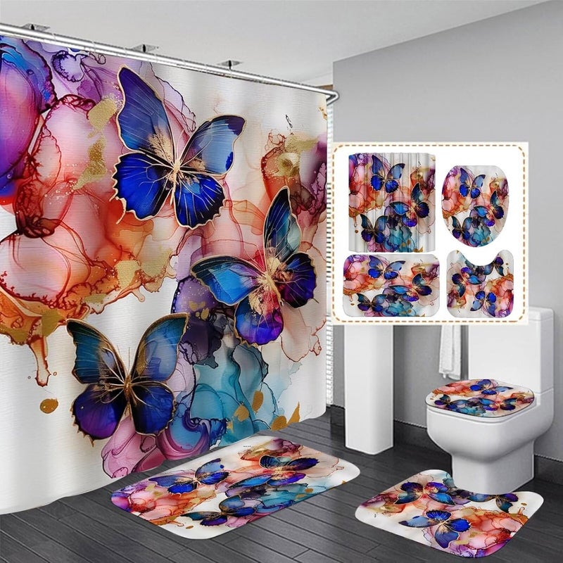 Pretyw 4 Pcs Romantic Blue Butterfly Shower Curtain Set Watercolor Pink Flowers Bathroom Sets Modern Home Bathroom Decor with Rugs and Toilet Lid Cover - Image 1