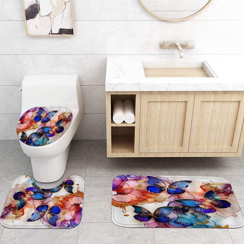Pretyw 4 Pcs Romantic Blue Butterfly Shower Curtain Set Watercolor Pink Flowers Bathroom Sets Modern Home Bathroom Decor with Rugs and Toilet Lid Cover - Image 2