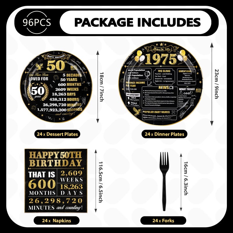 Grencian 96 Pcs Disposable Black and Gold 50th Birthday Tableware Set - Dinner  Appetizer Plates & Napkins - Retro Style - Paper  Plastic Material - Serves 24 - Image 2