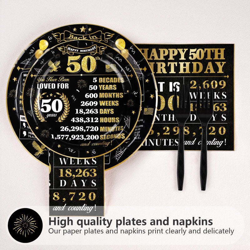 Grencian 96 Pcs Disposable Black and Gold 50th Birthday Tableware Set - Dinner  Appetizer Plates & Napkins - Retro Style - Paper  Plastic Material - Serves 24 - Image 3