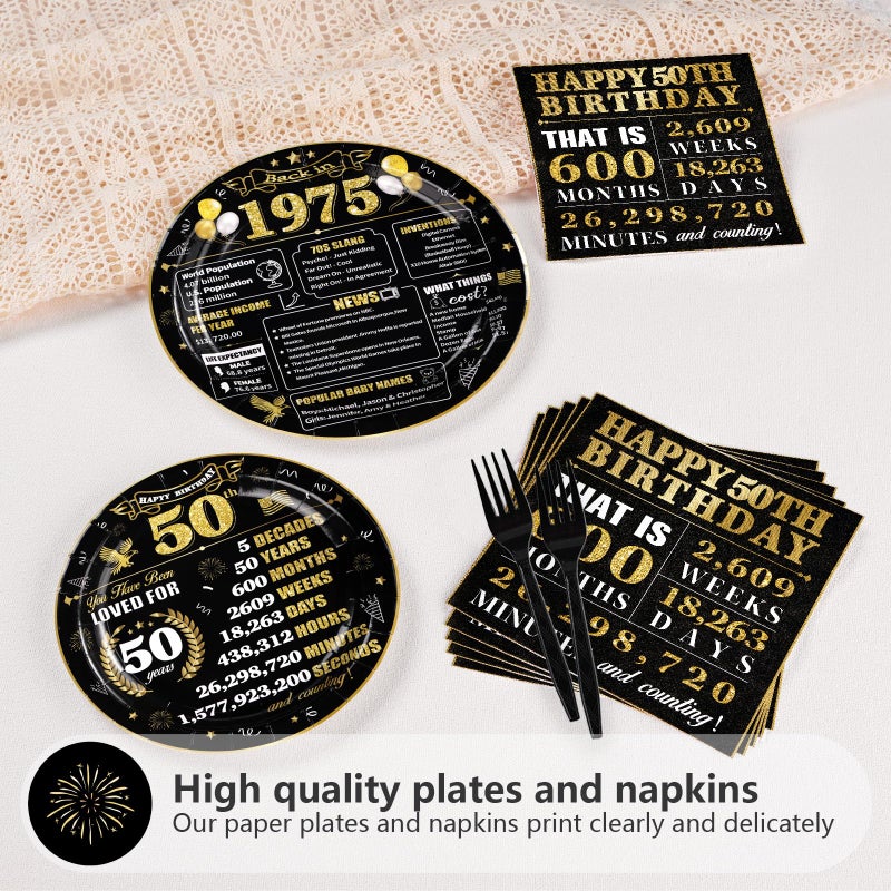 Grencian 96 Pcs Disposable Black and Gold 50th Birthday Tableware Set - Dinner  Appetizer Plates & Napkins - Retro Style - Paper  Plastic Material - Serves 24 - Image 4