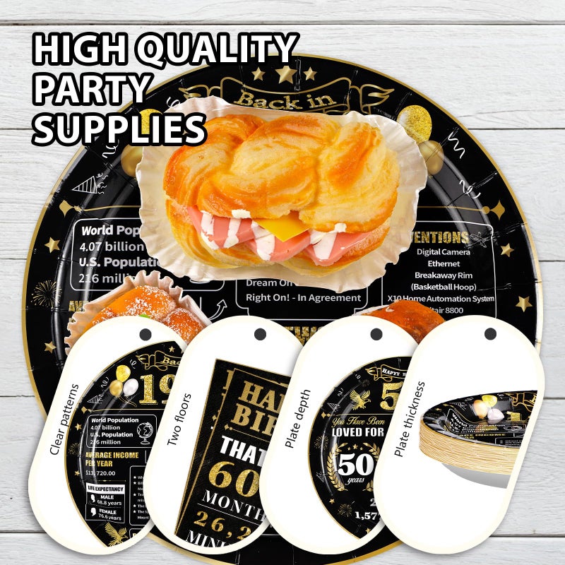 Grencian 96 Pcs Disposable Black and Gold 50th Birthday Tableware Set - Dinner  Appetizer Plates & Napkins - Retro Style - Paper  Plastic Material - Serves 24 - Image 5
