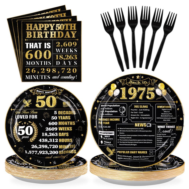 Grencian 96 Pcs Disposable Black and Gold 50th Birthday Tableware Set - Dinner  Appetizer Plates & Napkins - Retro Style - Paper  Plastic Material - Serves 24 - Image 1