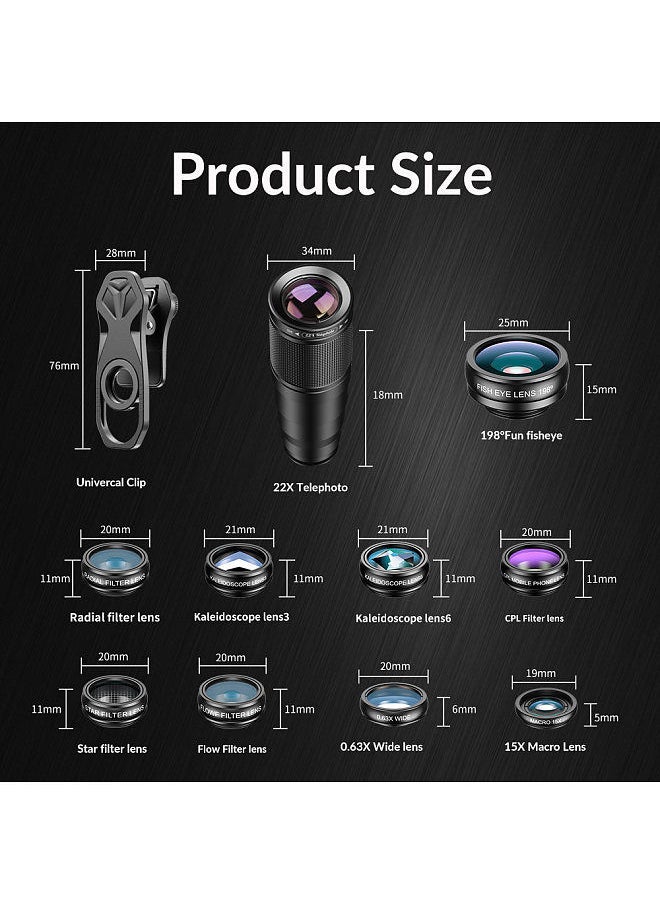 APEXEL - APEXEL 10-in-1 Phone Lens Kit with 22X Telephoto Lens 198° Fisheye Lens Kaleidoscope Lens - Image 1