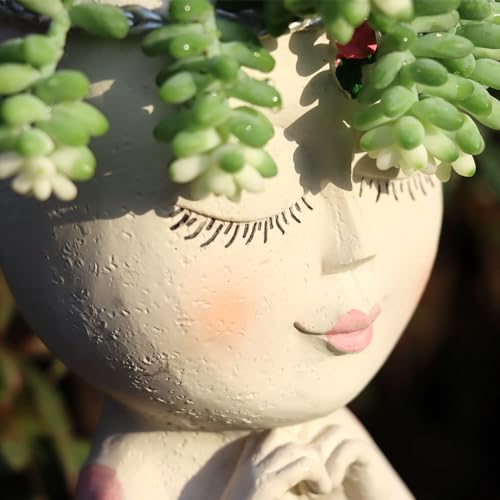 Meltset M Meltset Face Planters Pots Head Unique Face Flower Pot Head Planter for Indoor Plants Cute Small Succulent Pots Indoor Plant Pot with Drainage, Great Gift (White Lady) - Image 3