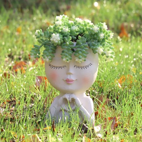 Meltset M Meltset Face Planters Pots Head Unique Face Flower Pot Head Planter for Indoor Plants Cute Small Succulent Pots Indoor Plant Pot with Drainage, Great Gift (White Lady) - Image 1