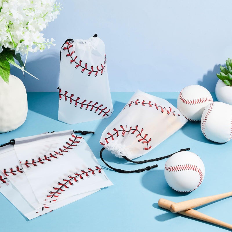 Flutesan 25 Pack 6 x 8 Inch Drawstring Baseball Party Favor Bags Plastic Baseball Snack Goodie Bags Gift Packaging Storage for Birthday Sports Theme Party Supplies - Image 4