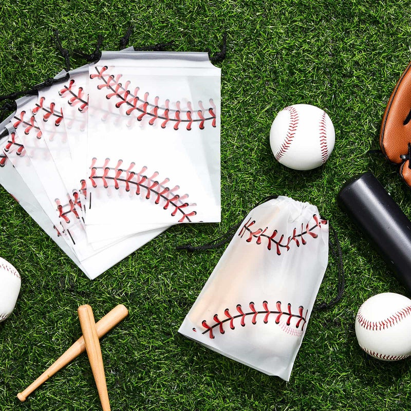 Flutesan 25 Pack 6 x 8 Inch Drawstring Baseball Party Favor Bags Plastic Baseball Snack Goodie Bags Gift Packaging Storage for Birthday Sports Theme Party Supplies - Image 5