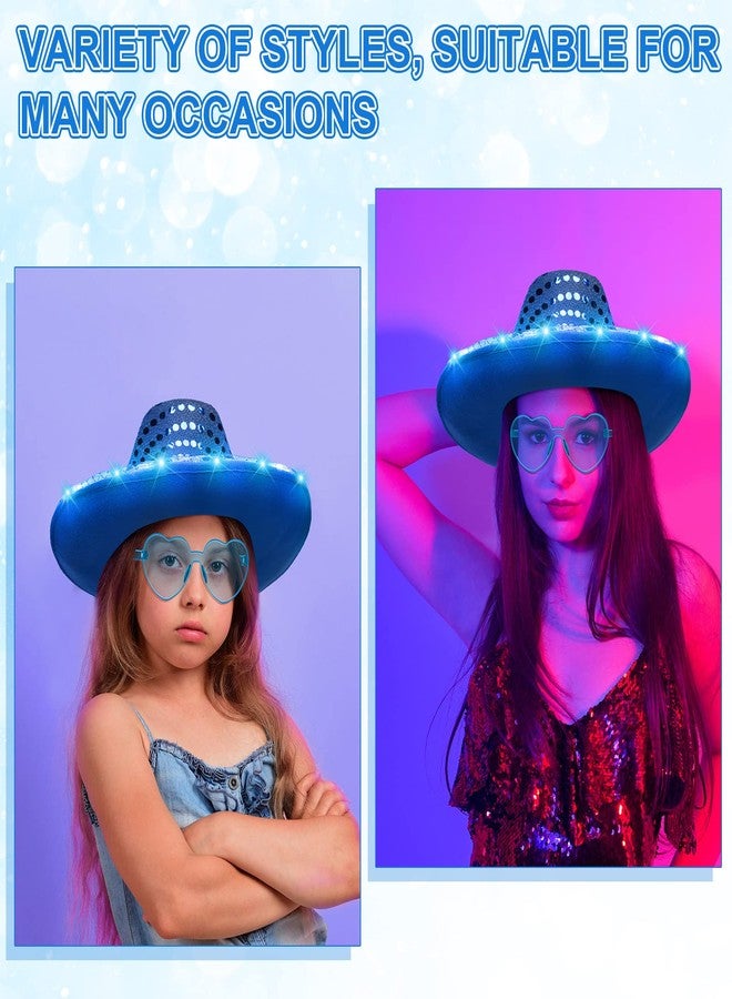 زانماي مجموعة زانماي المكونة من 6 قطع من قبعات رعاة البقر المضيئة والمزينة بالترتر اللامع مع نظارات شمسية وقبعة رعاة البقر الفضائية المرصعة بالترتر للنساء والرجال، إكسسوارات أزياء (أزرق) - Image 3