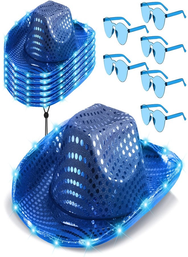 زانماي مجموعة زانماي المكونة من 6 قطع من قبعات رعاة البقر المضيئة والمزينة بالترتر اللامع مع نظارات شمسية وقبعة رعاة البقر الفضائية المرصعة بالترتر للنساء والرجال، إكسسوارات أزياء (أزرق) - Image 1