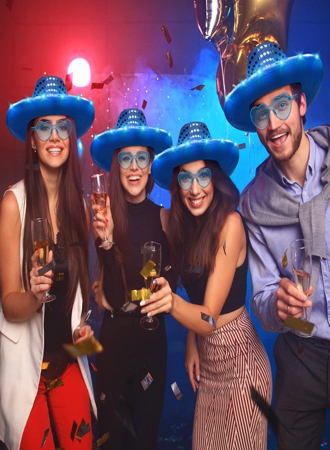 زانماي مجموعة زانماي المكونة من 6 قطع من قبعات رعاة البقر المضيئة والمزينة بالترتر اللامع مع نظارات شمسية وقبعة رعاة البقر الفضائية المرصعة بالترتر للنساء والرجال، إكسسوارات أزياء (أزرق) - Image 4