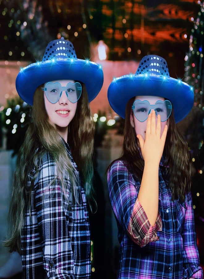 زانماي مجموعة زانماي المكونة من 6 قطع من قبعات رعاة البقر المضيئة والمزينة بالترتر اللامع مع نظارات شمسية وقبعة رعاة البقر الفضائية المرصعة بالترتر للنساء والرجال، إكسسوارات أزياء (أزرق) - Image 5