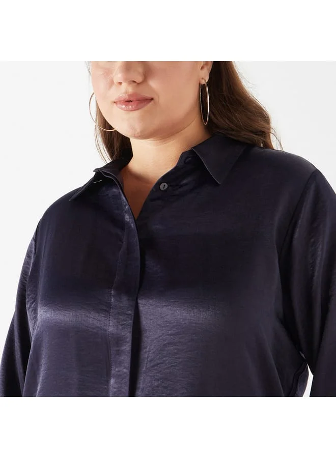 Ulla Popken Plus Size Ulla Popken Solid Shirt with Collar and Long Sleeves