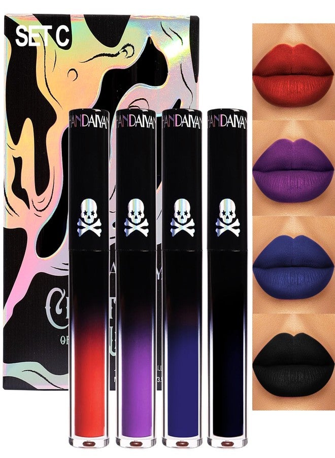 Aseawave 4Pcs Dark Red Purple Blue Black Matte Liquid Lipstick Sets,Matte Lipstick Lip Stain Long Lasting 24 Waterproof Lip Gloss Gift Set Matt Liquid Makeup Lipstick for Women Halloween Party Cosplay(Set C) - Image 1