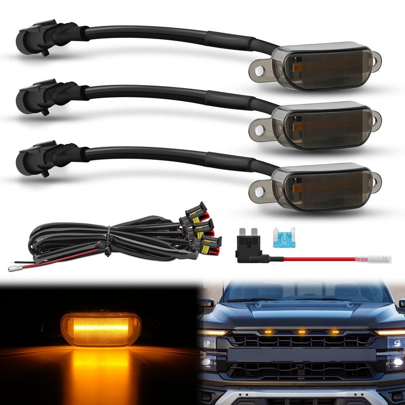 Nilight Front Grille Marker Light 3PCS 4LED Amber LED Lights Smoked Lens Waterproof Compatible with 20042019 Ford F150 Raptor and 20132018 Dodge Ram 1500 Aftermarket Grilles