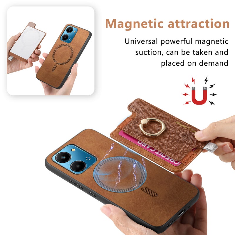 HuHa Protective Cover For Honor X7b / Play 8T 5G Retro Magsafe Cross Leather Ring Holder Card Bag Phone Case(Brown) - Image 3