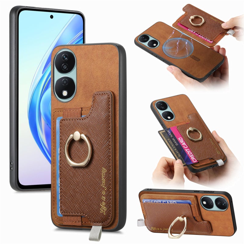 HuHa Protective Cover For Honor X7b / Play 8T 5G Retro Magsafe Cross Leather Ring Holder Card Bag Phone Case(Brown) - Image 1