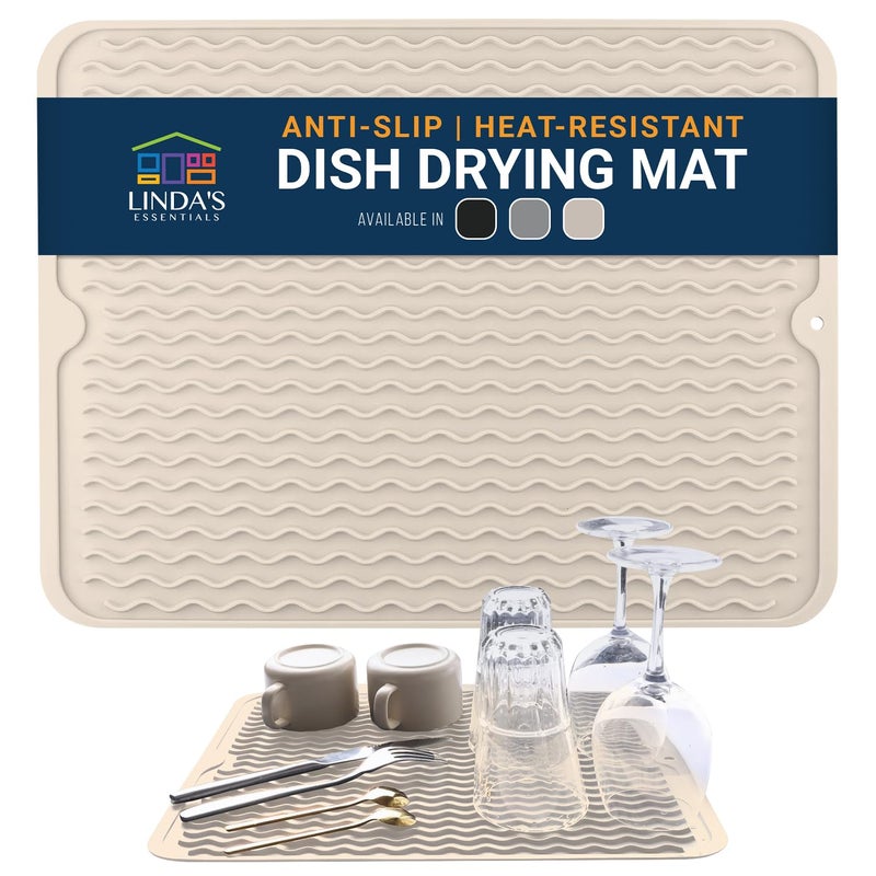 Silicone Dish Drying Mat for Kitchen Counter MultiUse 16 x 12 Inch Pad NonSlip HeatResistant Perfect Dish Drainer Mat by Lindas Essentials Ideal Kitchen Accessory Beige