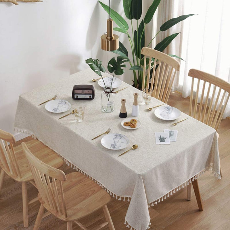 AMZALI Washable Cotton Linen Tablecloths Fabric Tassel Tablecloth Dust-Proof Table Cover for Kitchen Dinning Tabletop Home Decoration Everyday Use (Rectangle/Oblong, 55 x 102 Inch, Linen) - Image 2